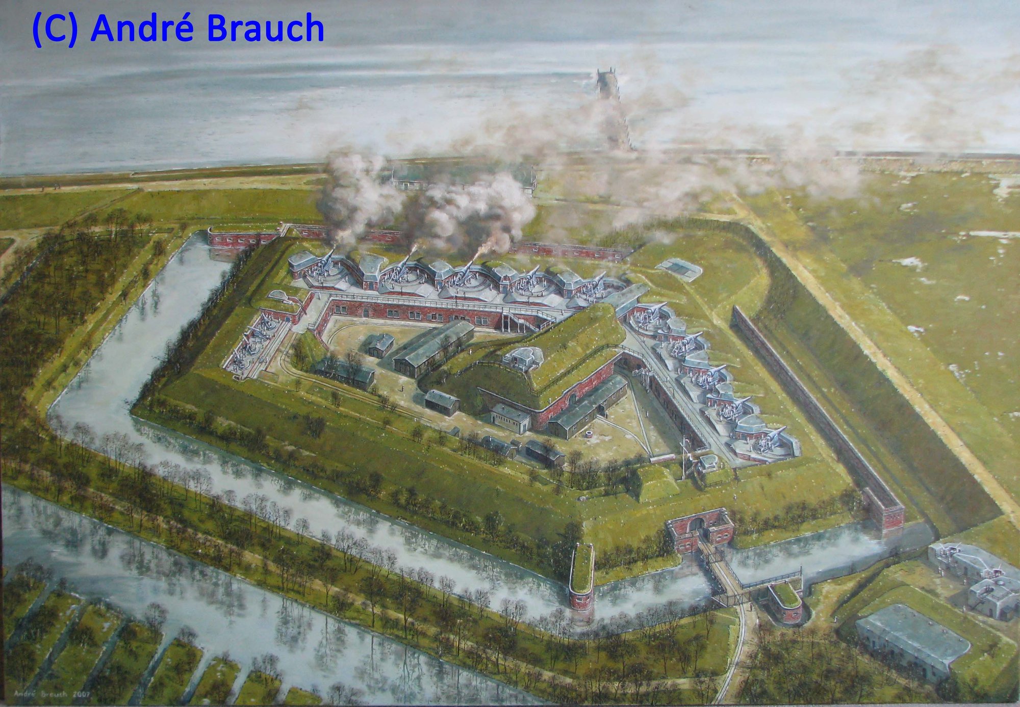 Historisches Gemälde Fort Kugelbake Übungsschießen im Frühjahr 1915 von André Brauch